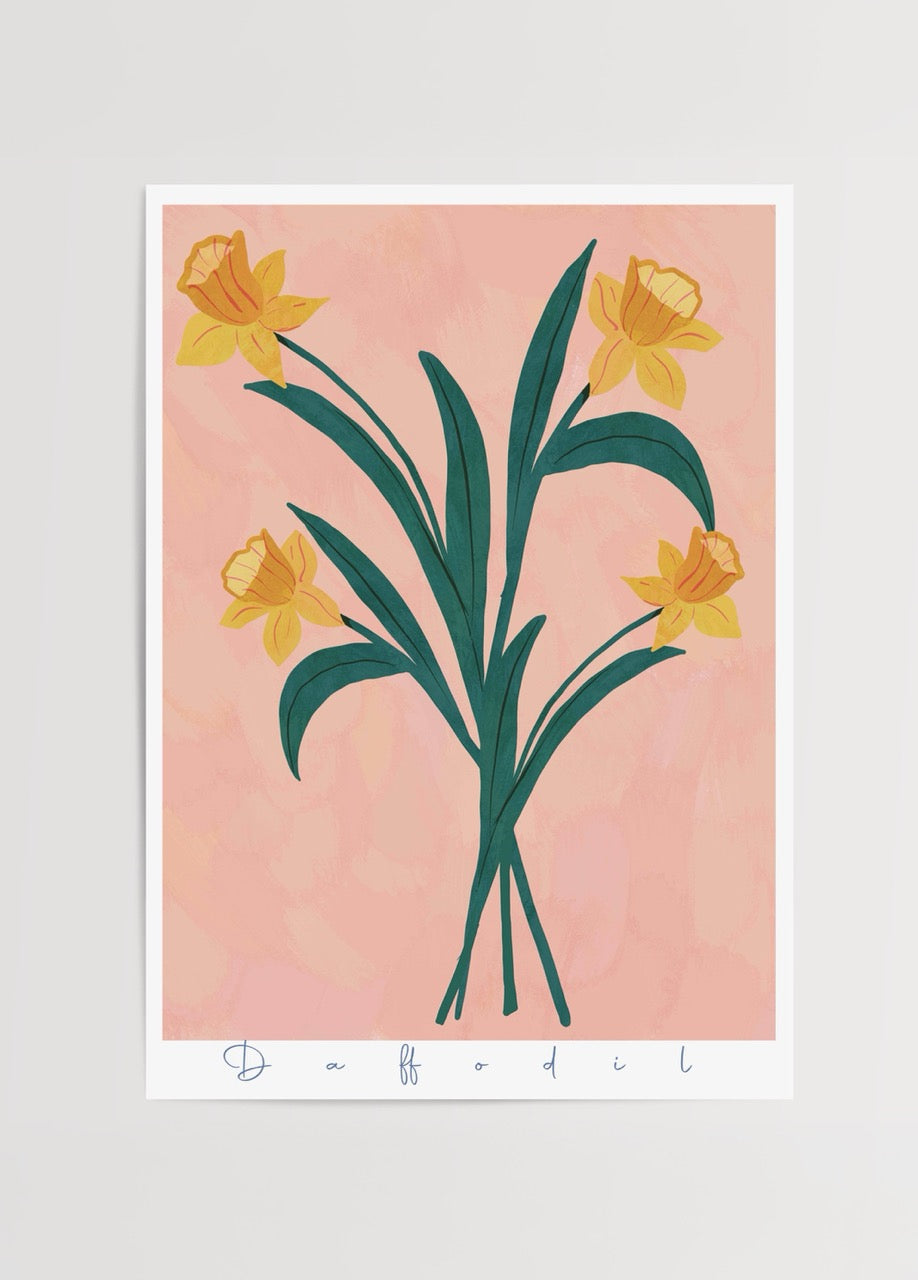 Bright daffodils illustration on a pink background, ideal for wall art.
