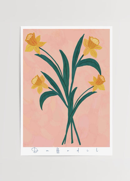 Bright daffodils illustration on a pink background, ideal for wall art.