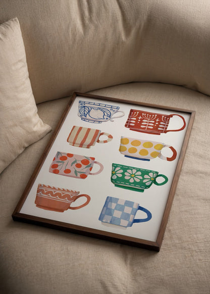 A vibrant poster print featuring an array of cheerful, patterned cups.