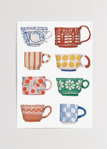 A vibrant poster print featuring an array of cheerful, patterned cups.