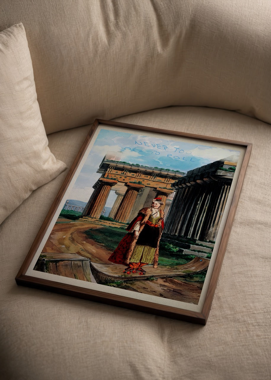 A vibrant poster print featuring classical architecture and a modern figure, titled &