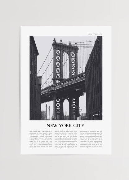 Black and white architectural print of Brooklyn Bridge in New York City.