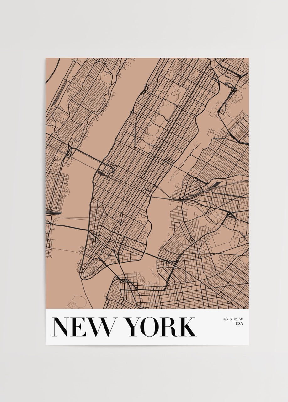 Stylish New York map art print on beige background.