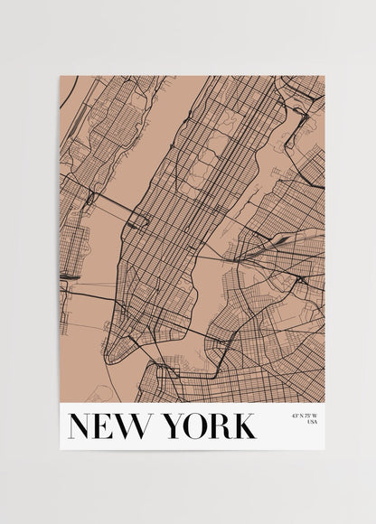 Stylish New York map art print on beige background.