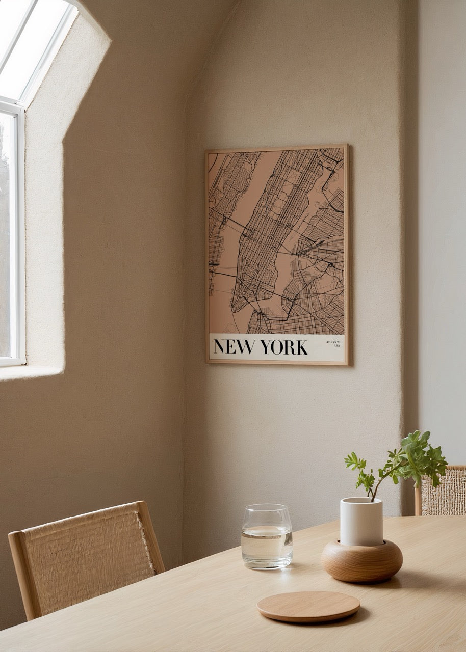 Stylish New York map art print on beige background.