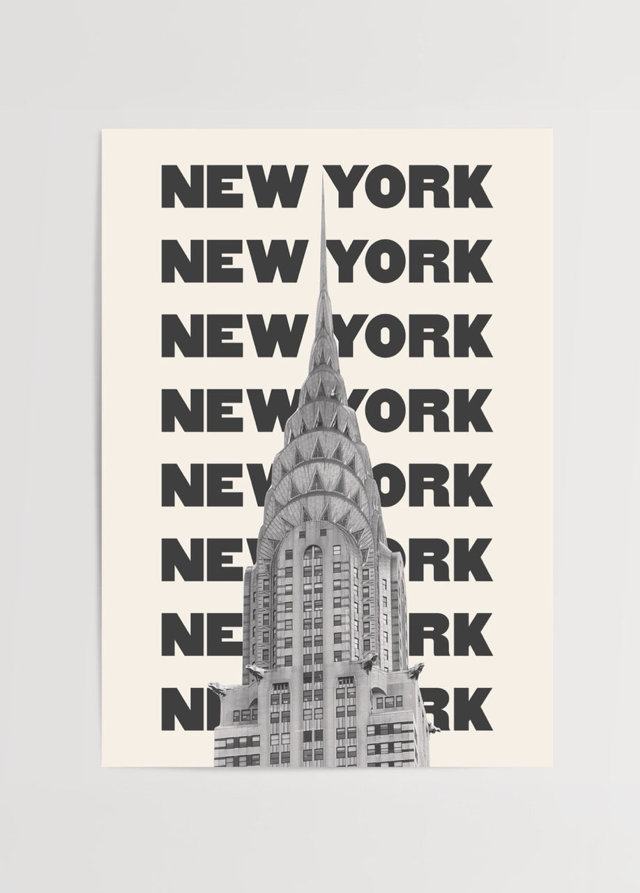 Black and white artistic print of Chrysler Building with bold New York typography.