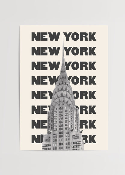 Black and white artistic print of Chrysler Building with bold New York typography.