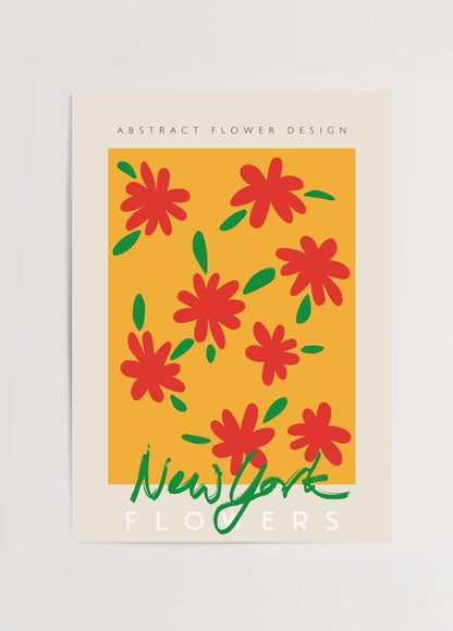 Vibrant abstract floral design with red flowers on yellow background.