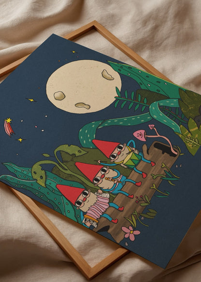 Whimsical night scene featuring playful birds under a full moon surrounded by greenery.