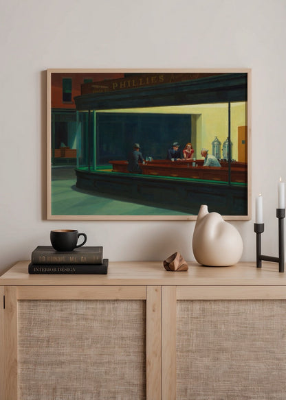 A stylish urban night café scene, featuring patrons in a serene setting, perfect for wall art.