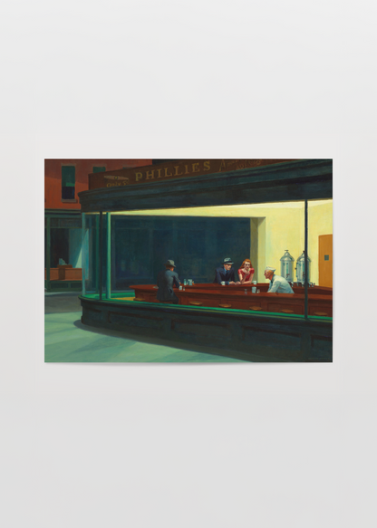 A stylish urban night café scene, featuring patrons in a serene setting, perfect for wall art.