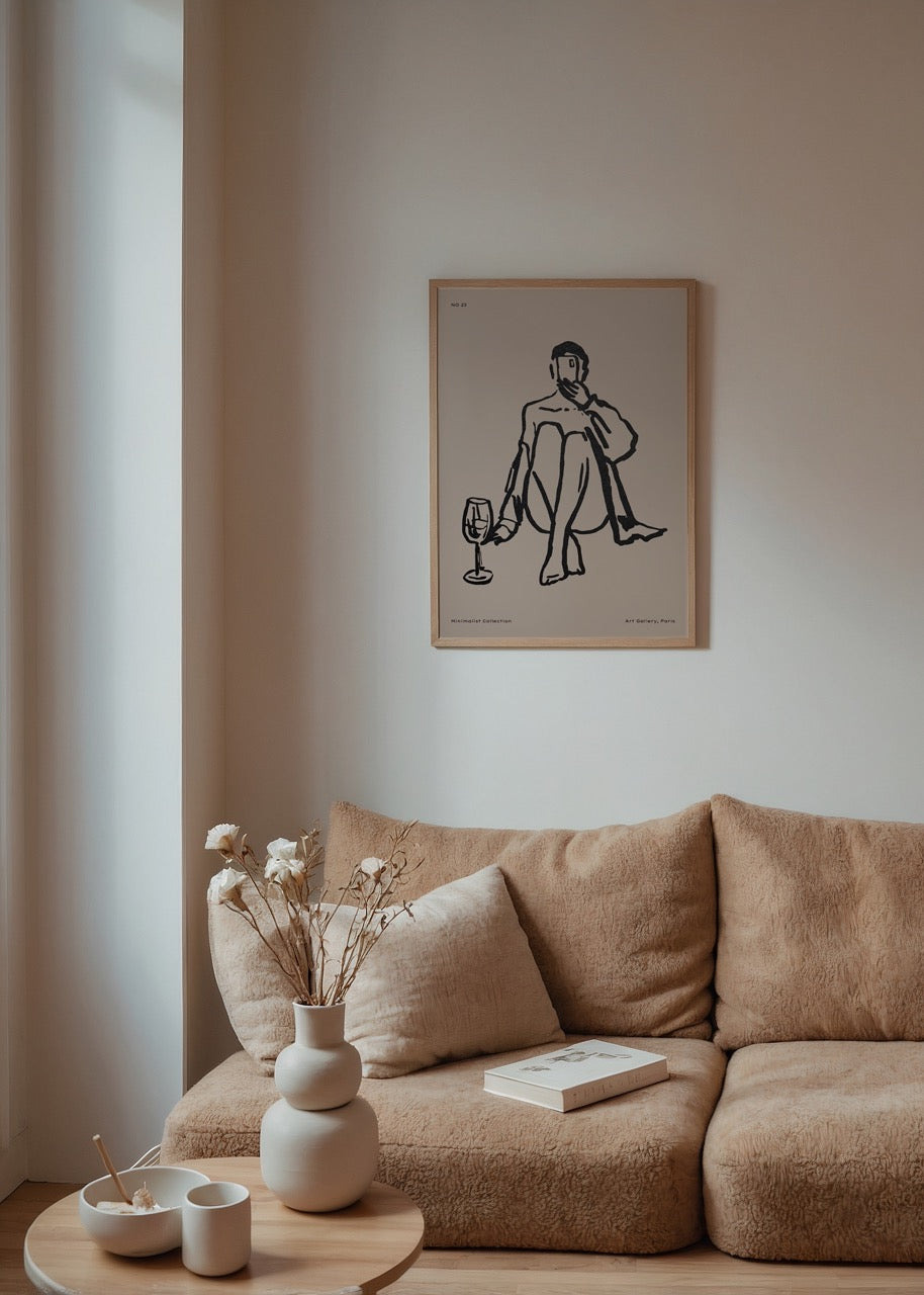 Minimalist wall art poster depicting a seated figure in contemplative pose.
