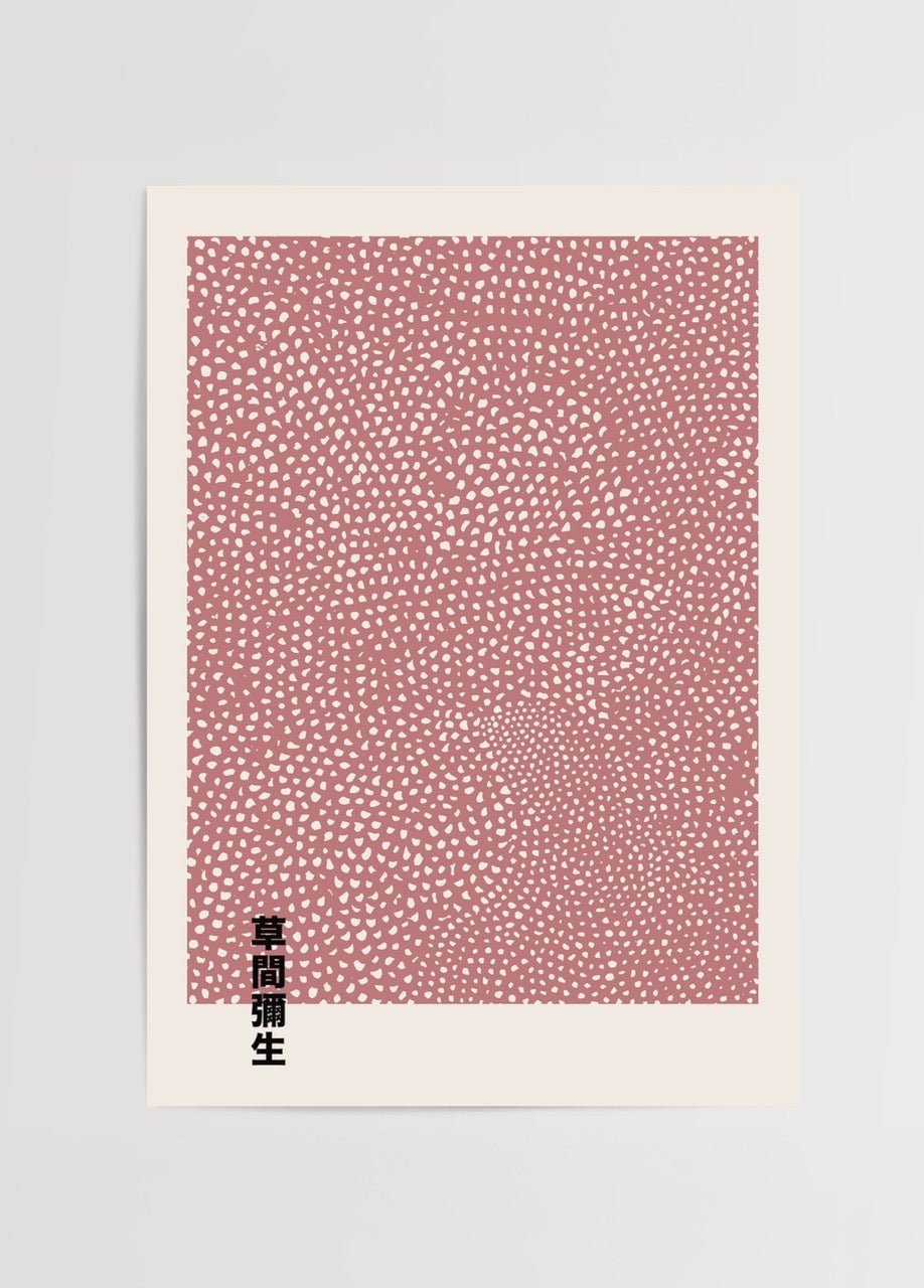 Contemporary art print featuring intricate red dot patterns.