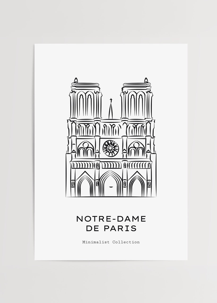 Minimalist line art of Notre-Dame cathedral in Paris.