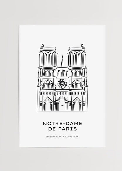 Minimalist line art of Notre-Dame cathedral in Paris.