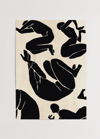 Abstract silhouette wall art featuring dynamic black figures on a beige background.