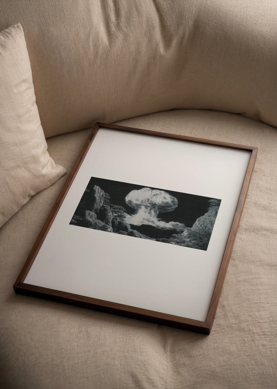 Minimalist poster print depicting a nuclear explosion in black and white.