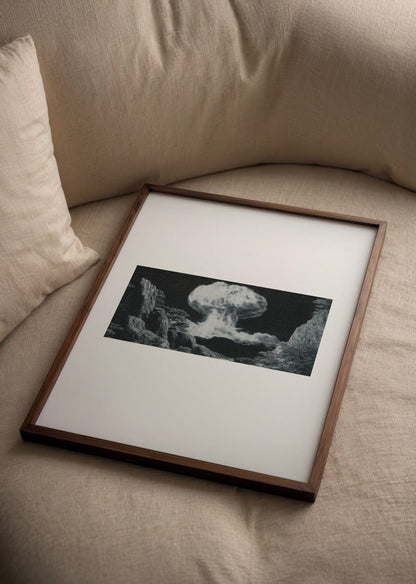 Minimalist poster print depicting a nuclear explosion in black and white.