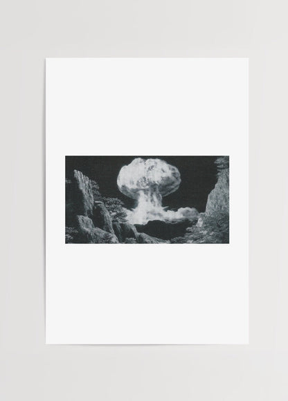 Minimalist poster print depicting a nuclear explosion in black and white.
