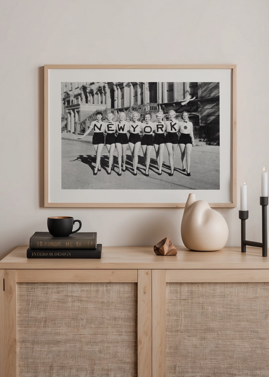 Vintage black and white print of a swimwear parade in New York