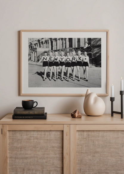Vintage black and white print of a swimwear parade in New York