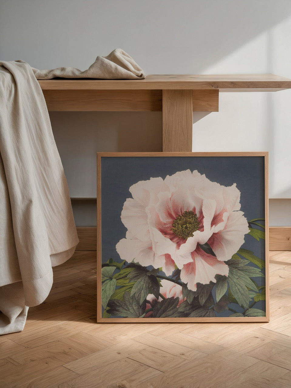 A beautiful peony botanical print in soft pink and green tones.