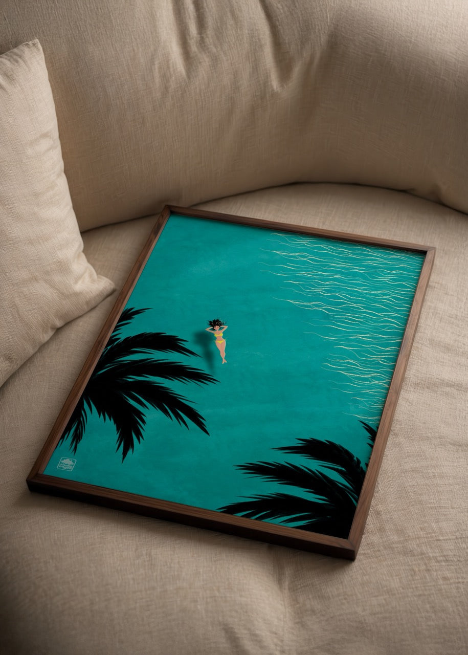 A vibrant poster print featuring a woman in turquoise waters surrounded by palm trees.