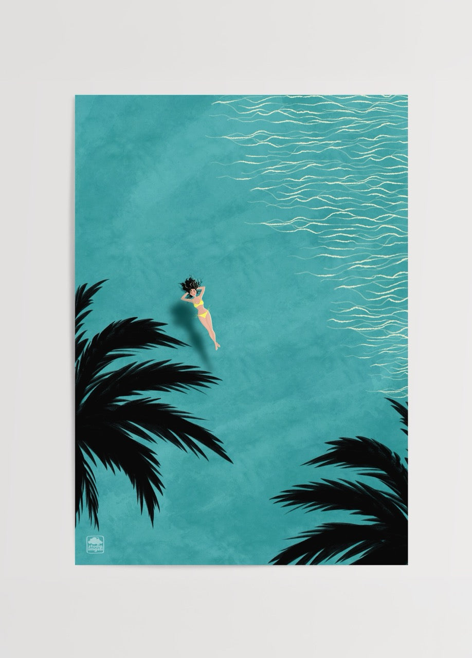 A vibrant poster print featuring a woman in turquoise waters surrounded by palm trees.
