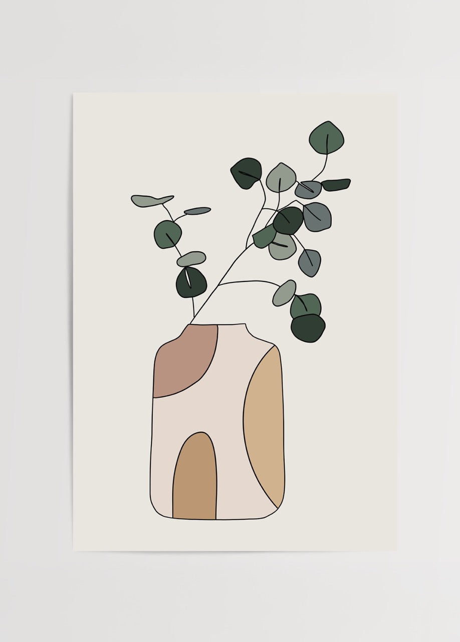 Abstract art print featuring eucalyptus in a stylish vase.