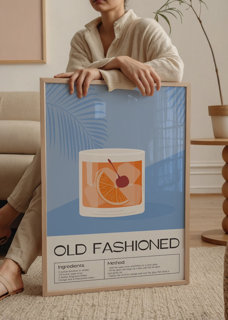 Classic Old Fashioned cocktail art print featuring ingredients and method.
