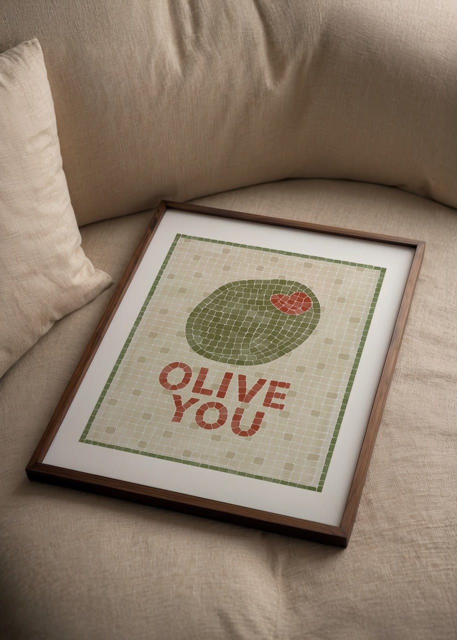 Olive You Poster Print featuring a whimsical olive design on a mosaic background.