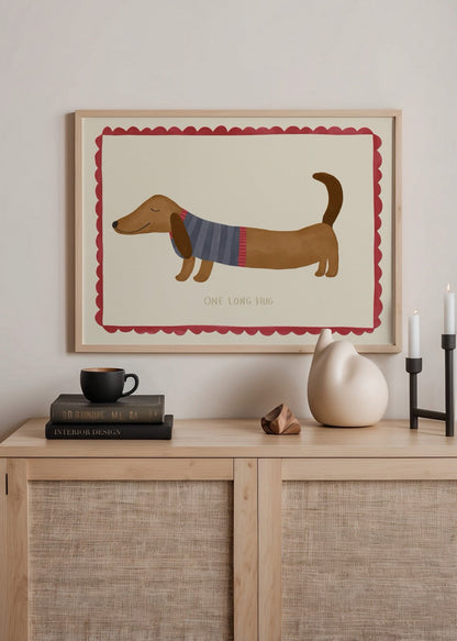 A whimsical illustration of a relaxed dog in a sweater, titled &