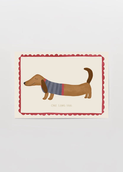 A whimsical illustration of a relaxed dog in a sweater, titled &