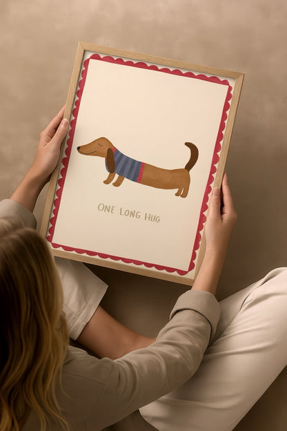One Long Hug Poster Print featuring a cozy dog illustration with a whimsical design.