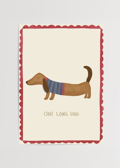 One Long Hug Poster Print featuring a cozy dog illustration with a whimsical design.