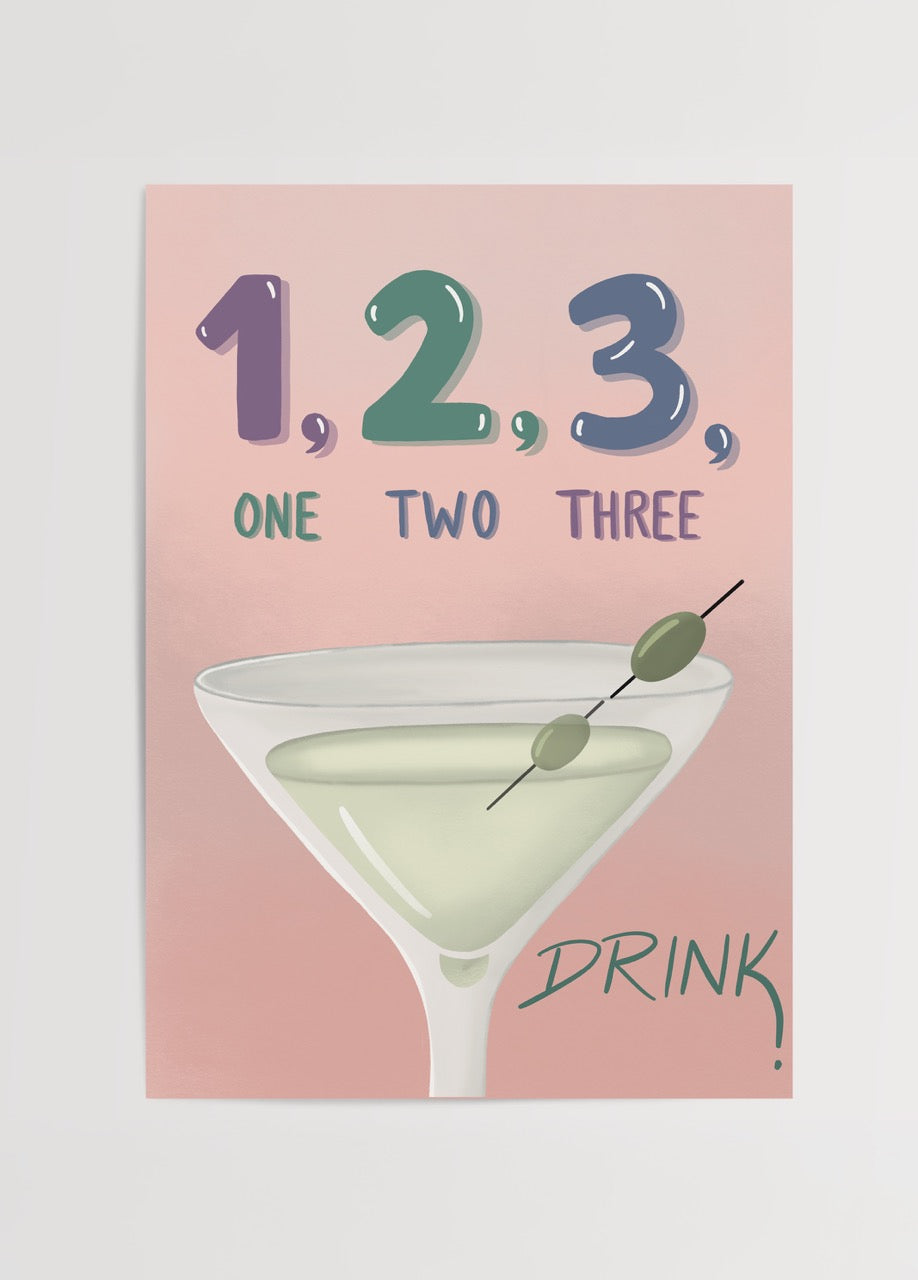 Colourful One Two Three Poster Print featuring a cocktail and playful typography.