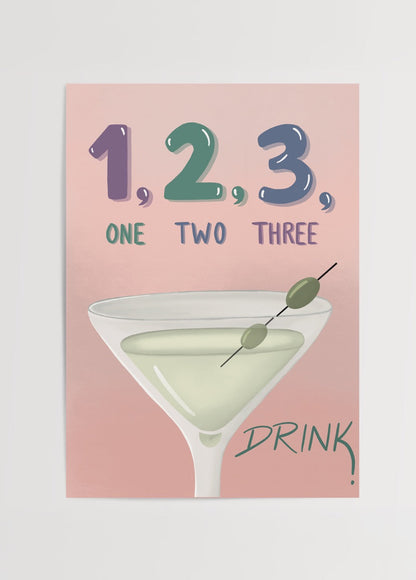 Colourful One Two Three Poster Print featuring a cocktail and playful typography.