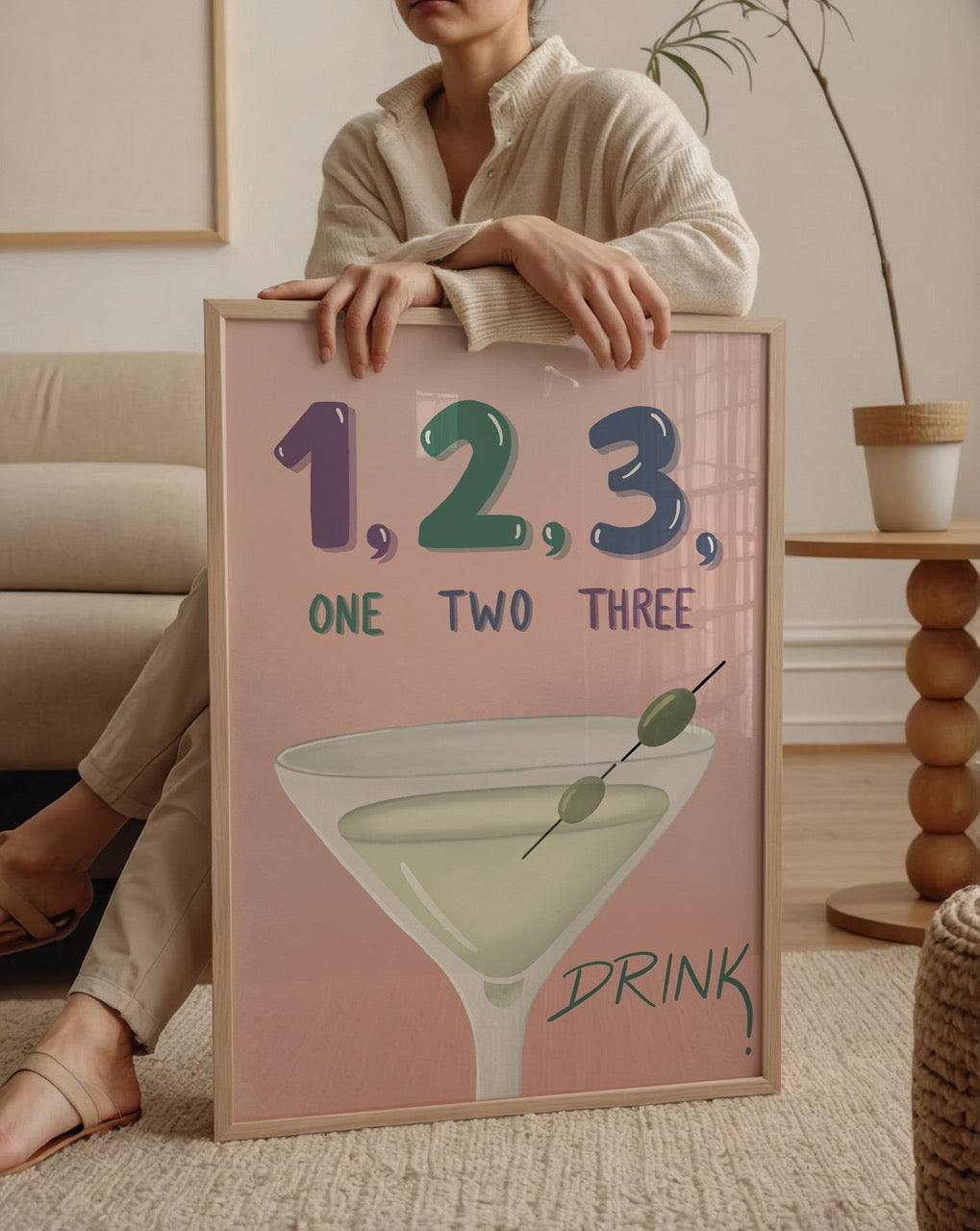Colourful One Two Three Poster Print featuring a cocktail and playful typography.