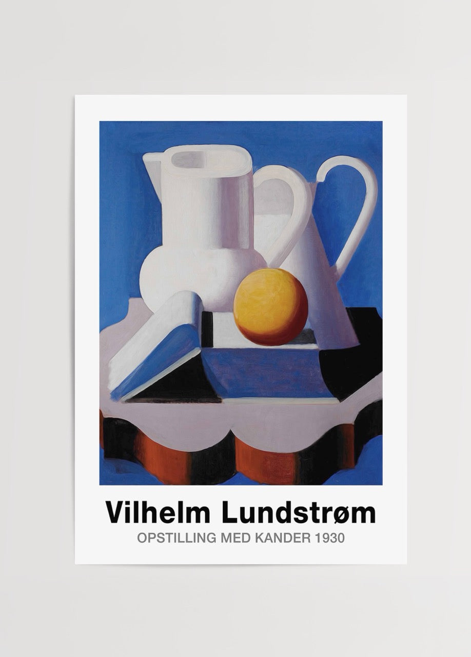 Still life art print featuring geometric shapes and vibrant colours on a blue background.