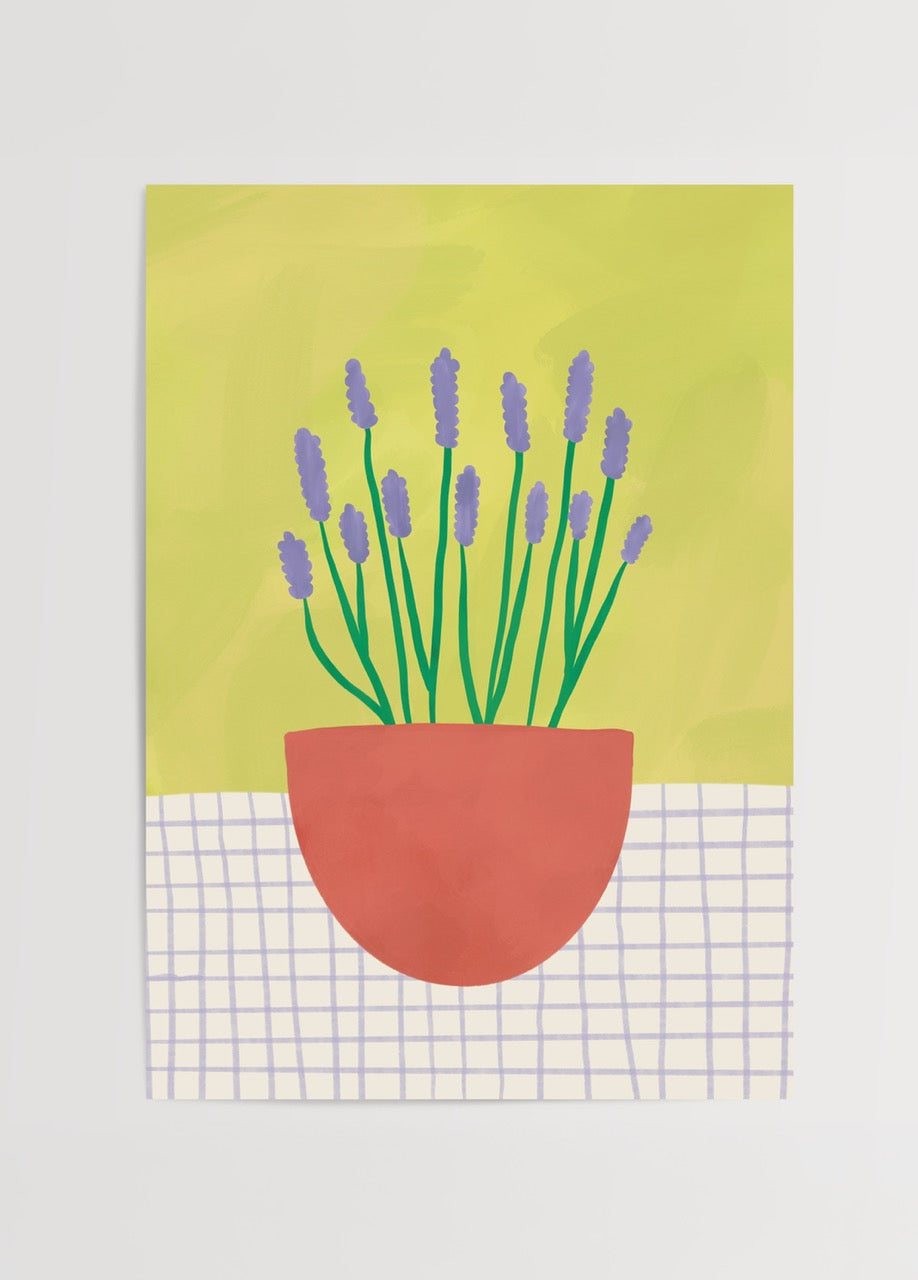 Vibrant poster of lavender flowers in an orange pot on a green background.