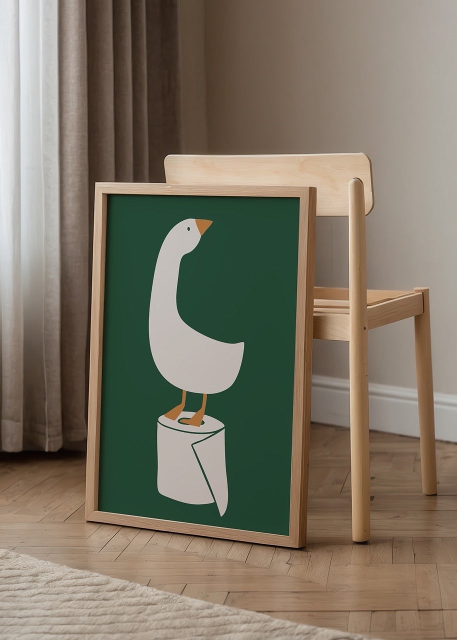 A humorous illustration of a duck standing on a roll against a green background.
