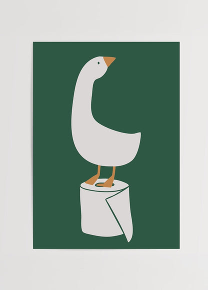A humorous illustration of a duck standing on a roll against a green background.