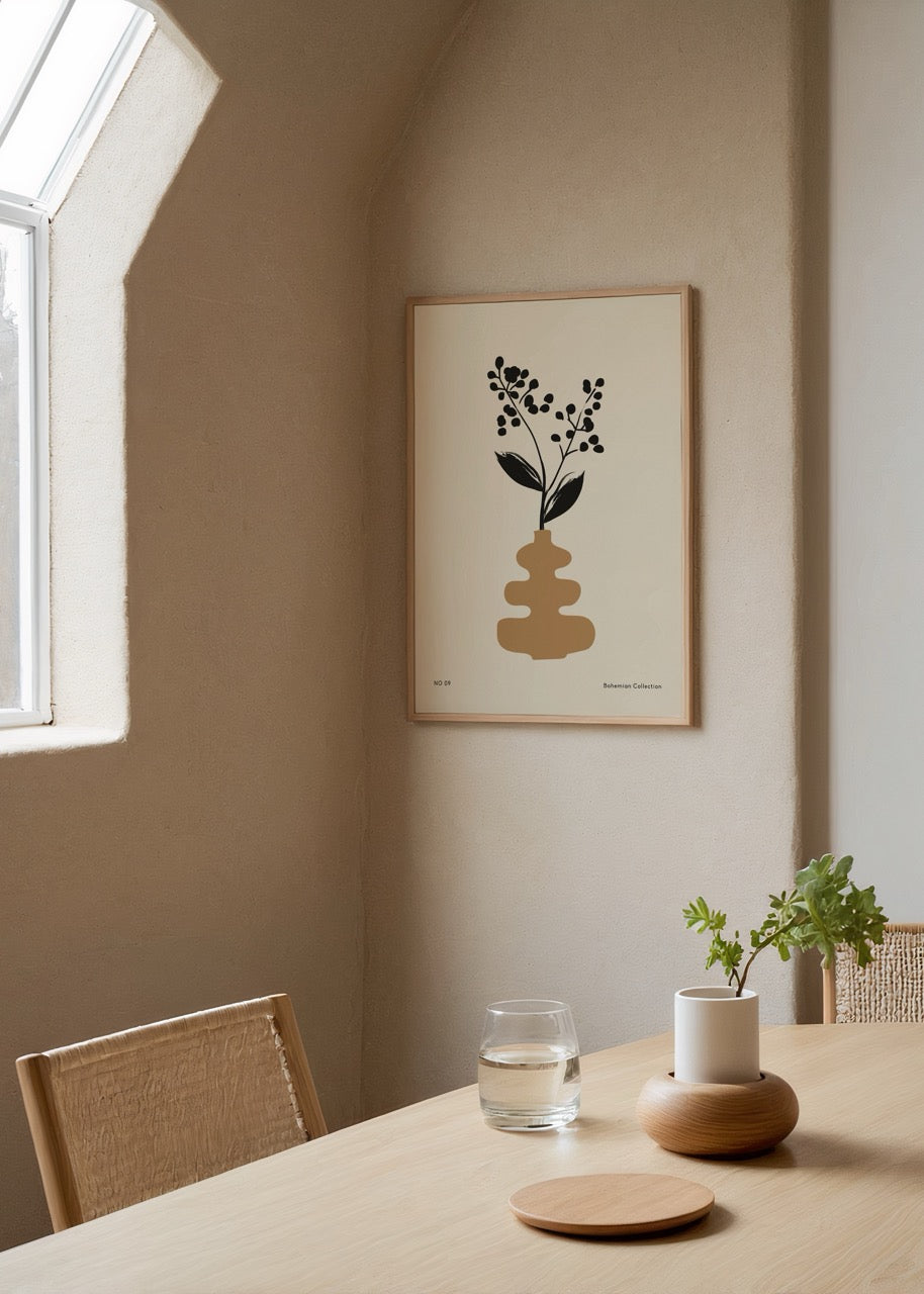 Illustrative vase with floral details in a minimalist style.