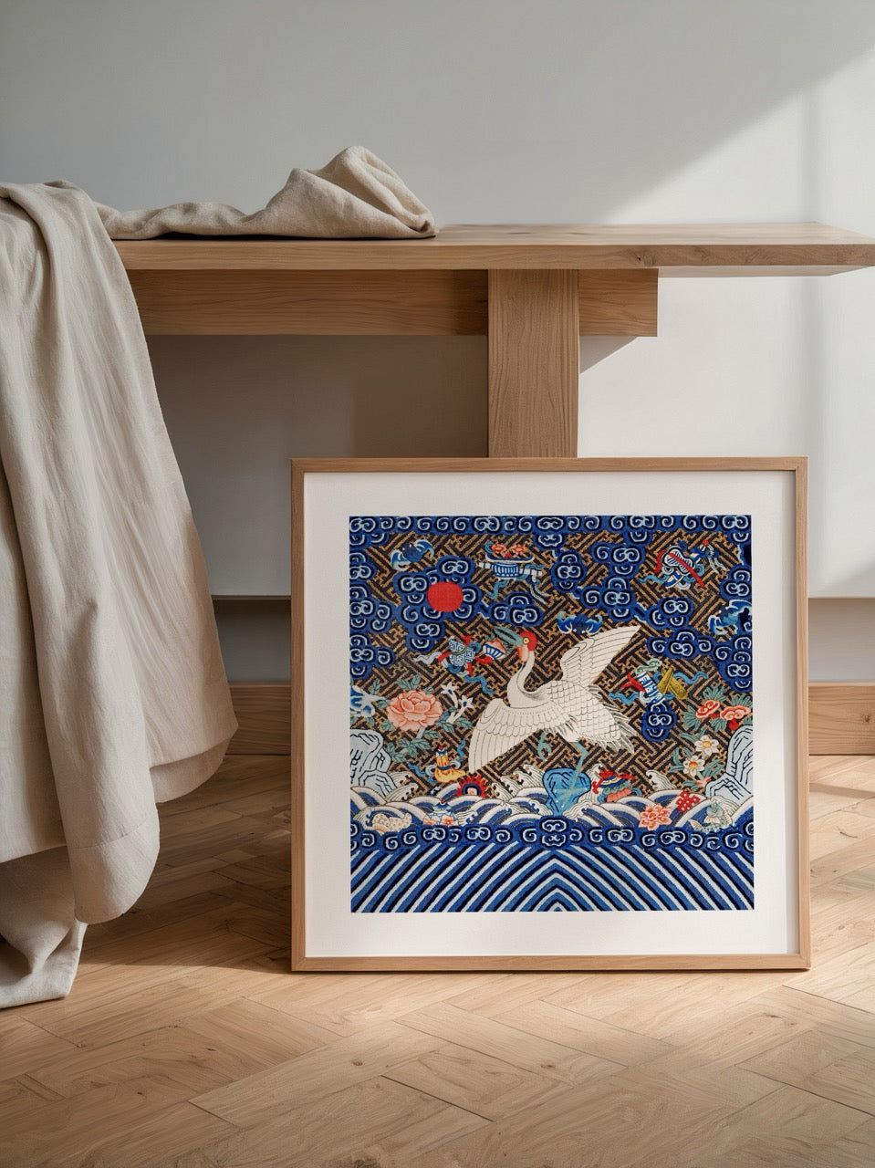 Majestic crane art piece with intricate patterns and vibrant colours.