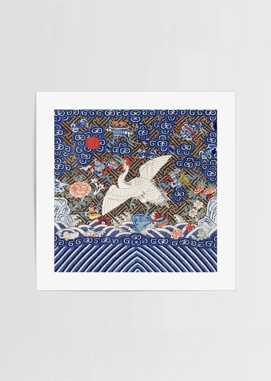 Majestic crane art piece with intricate patterns and vibrant colours.