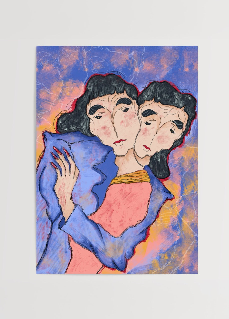 Vibrant artwork featuring two abstract figures on a colourful background, ideal for modern interiors.