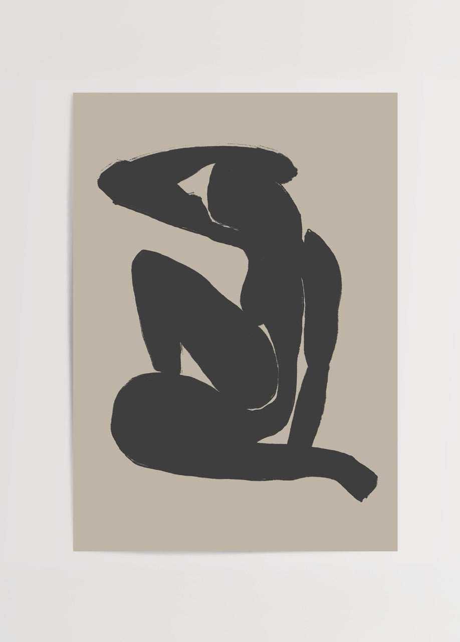 Abstract art print of a seated human figure in black on beige background.