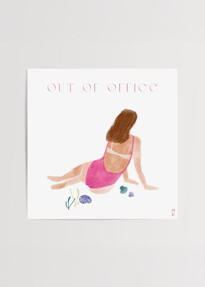 Out of Office poster featuring a relaxed figure in a pink swimsuit, ideal for modern wall art.