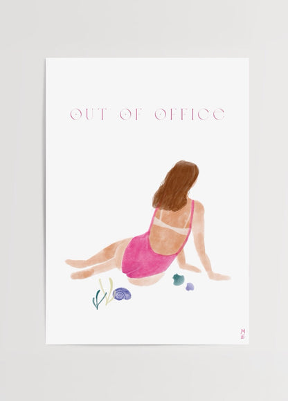 Out of Office poster featuring a relaxed figure in a pink swimsuit, ideal for modern wall art.