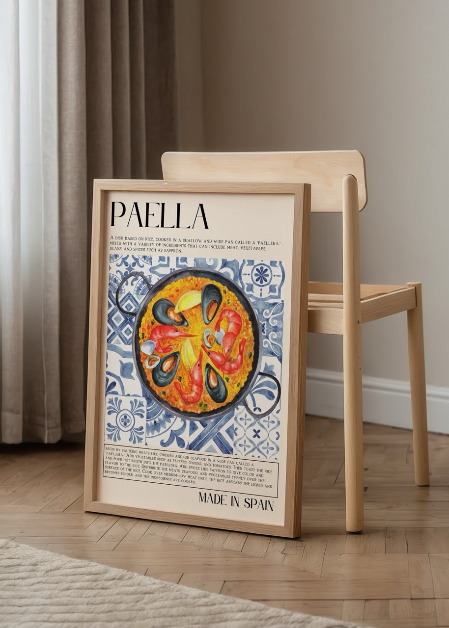 Vibrant paella art print showcasing a colourful dish with seafood.